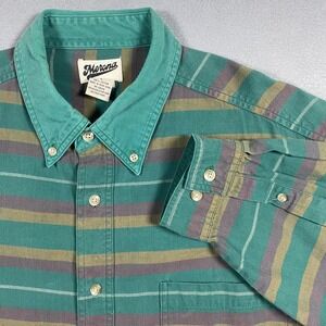 Vintage Merona Mens Large 100% Cotton Striped Button Down Shirt‎ Teal Gold L